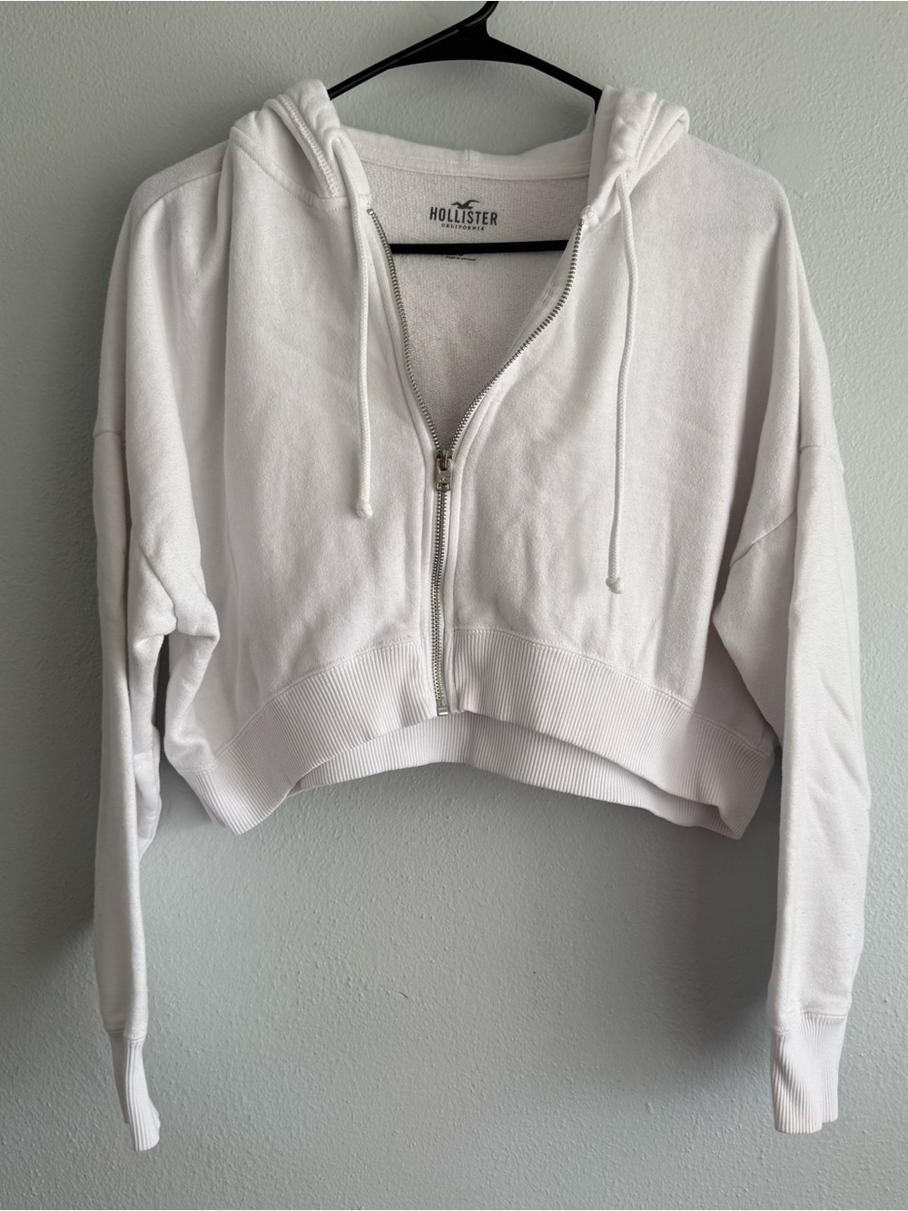 Hollister White Cropped Zip-Up Hoodie - Size Small